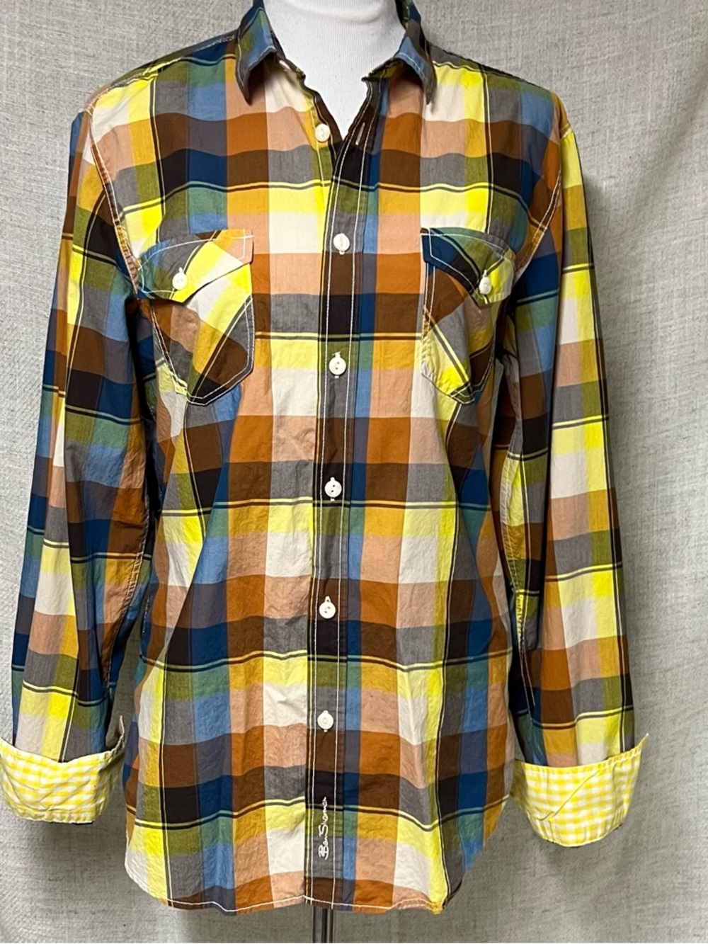 Ben Sherman Yellow, Brown & Blue Plaid Button-Down Shirt